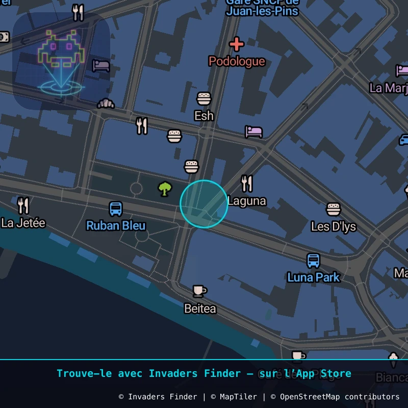 Zone approximative de l'invader CAZ_12, dans le quartier La Régence, Juan-les-Pins à Côte d'Azur. Emplacement exact disponible dans l'app Invaders Finder.