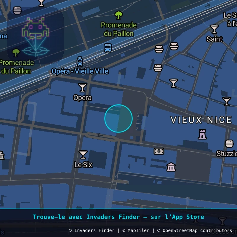 Zone approximative de l'invader CAZ_13, dans le quartier Vieux Nice à Côte d'Azur. Emplacement exact disponible dans l'app Invaders Finder.