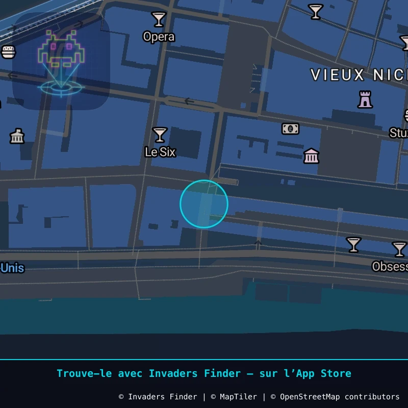 Zone approximative de l'invader CAZ_14, dans le quartier Vieux Nice à Côte d'Azur. Emplacement exact disponible dans l'app Invaders Finder.