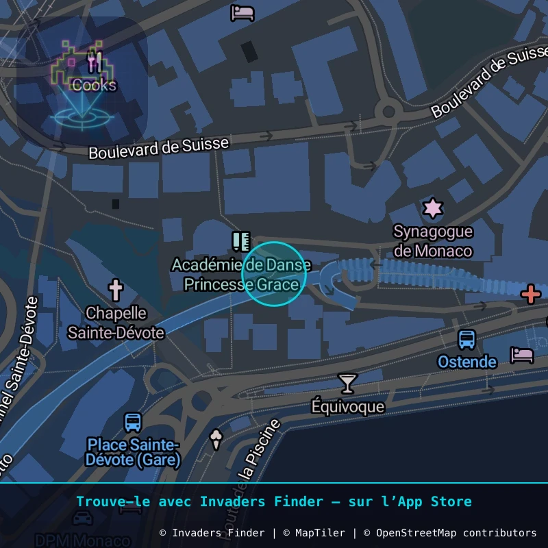 Zone approximative de l'invader CAZ_16, dans le quartier Monte-Carlo à Côte d'Azur. Emplacement exact disponible dans l'app Invaders Finder.