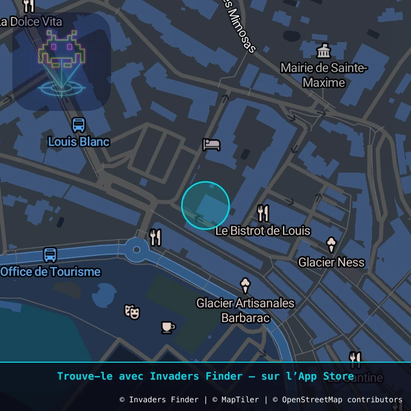Zone approximative de l'invader CAZ_25, dans le quartier Sainte-Maxime à Côte d'Azur. Emplacement exact disponible dans l'app Invaders Finder.