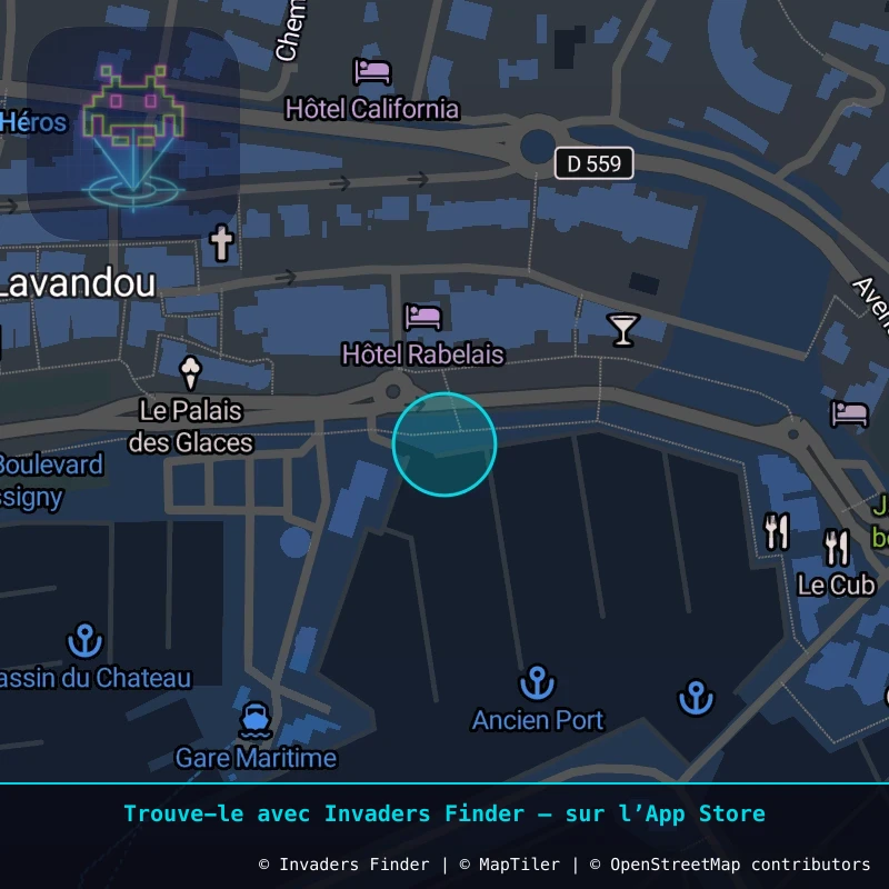Zone approximative de l'invader CAZ_30, dans le quartier Saint-Clair, Le Lavandou à Côte d'Azur. Emplacement exact disponible dans l'app Invaders Finder.
