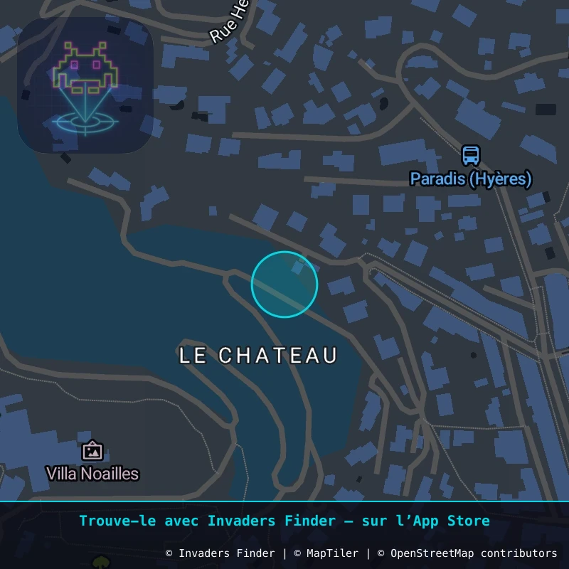 Zone approximative de l'invader CAZ_33, dans le quartier Le Château, Hyères à Côte d'Azur. Emplacement exact disponible dans l'app Invaders Finder.