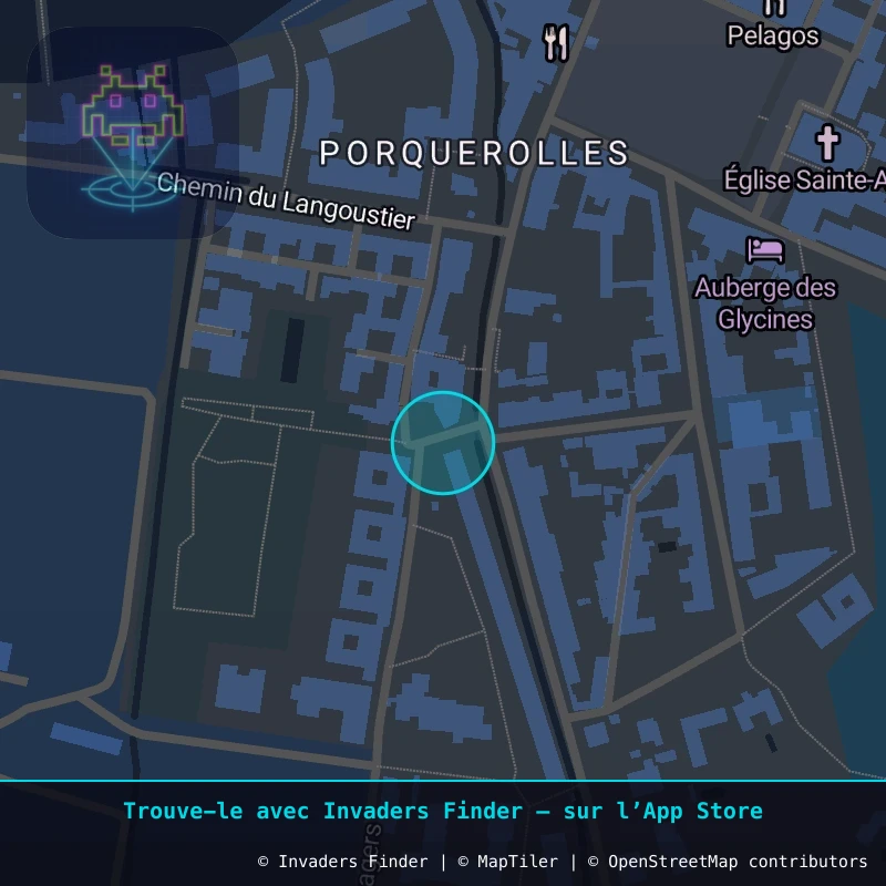 Zone approximative de l'invader CAZ_38, dans le quartier Porquerolles, Hyères à Côte d'Azur. Emplacement exact disponible dans l'app Invaders Finder.