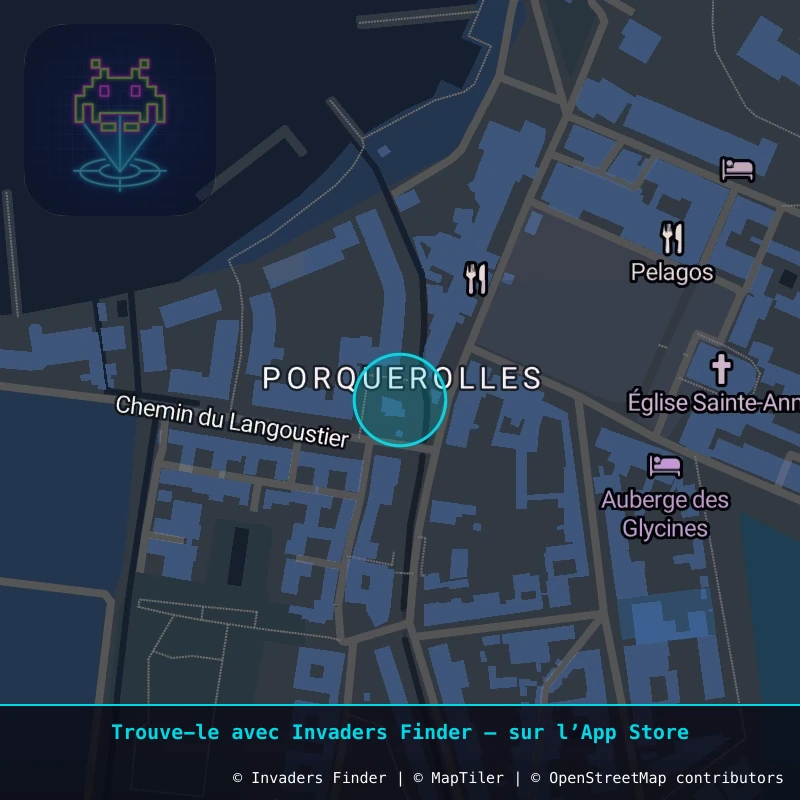 Zone approximative de l'invader CAZ_40, dans le quartier Porquerolles, Hyères à Côte d'Azur. Emplacement exact disponible dans l'app Invaders Finder.