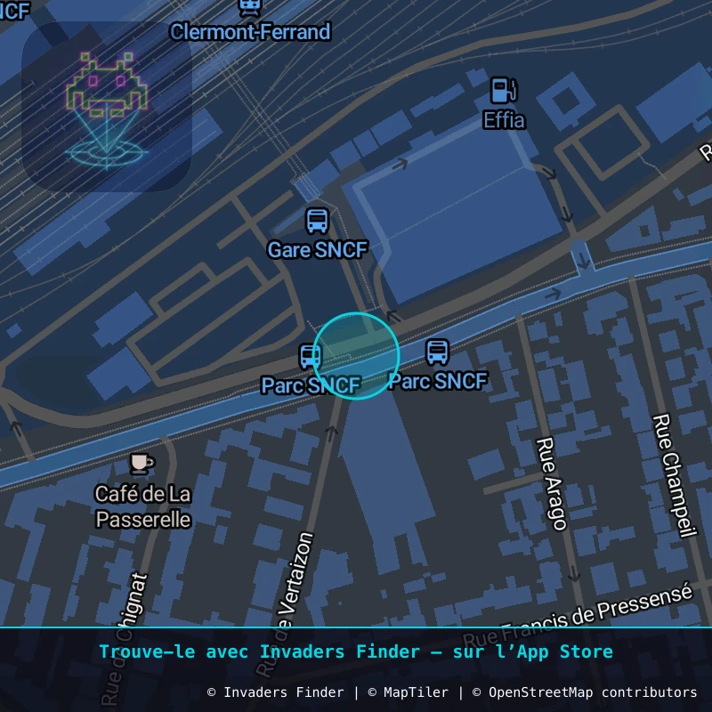 Zone approximative de l'invader CLR_09, dans le quartier Quartier Fontgiève, Clermont-Ferrand à Clermont-Ferrand. Emplacement exact disponible dans l'app Invaders Finder.