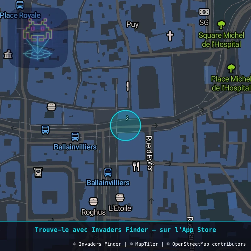 Zone approximative de l'invader CLR_10, dans le quartier Quartier Fontgiève, Clermont-Ferrand à Clermont-Ferrand. Emplacement exact disponible dans l'app Invaders Finder.