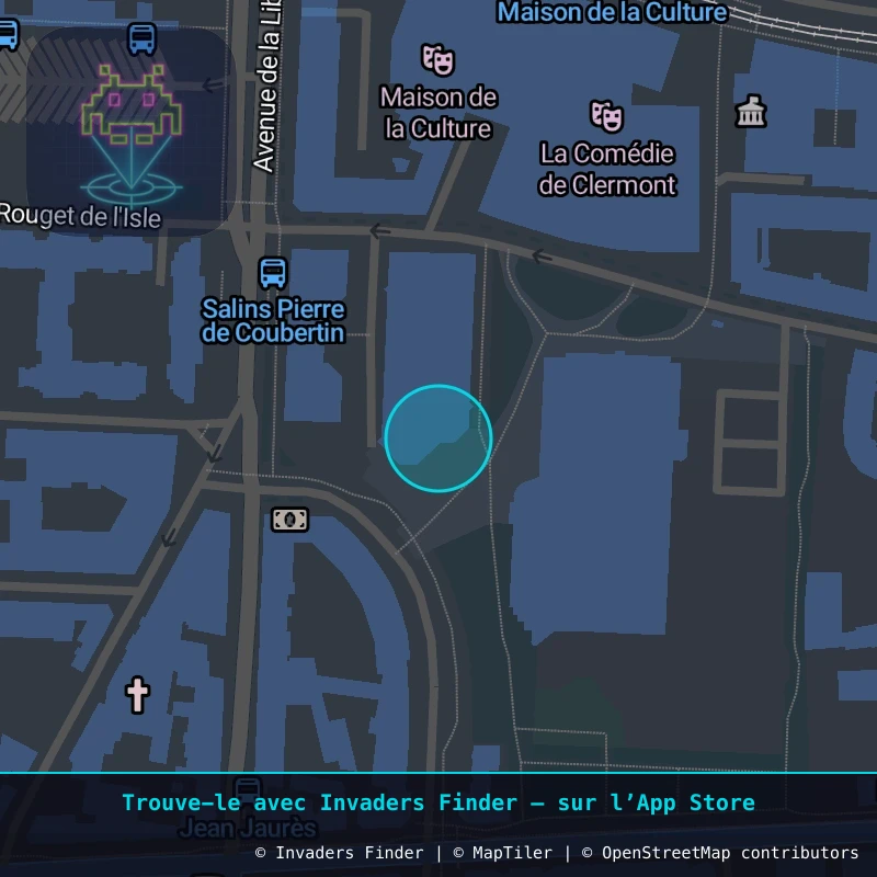 Zone approximative de l'invader CLR_15, dans le quartier Quartier Fontgiève, Clermont-Ferrand à Clermont-Ferrand. Emplacement exact disponible dans l'app Invaders Finder.