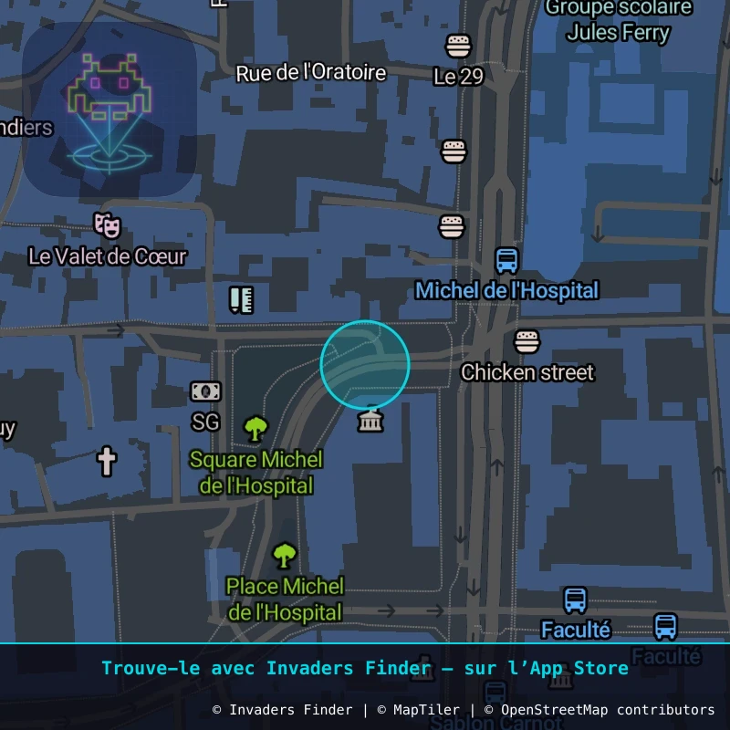Zone approximative de l'invader CLR_18, dans le quartier Quartier Fontgiève, Clermont-Ferrand à Clermont-Ferrand. Emplacement exact disponible dans l'app Invaders Finder.