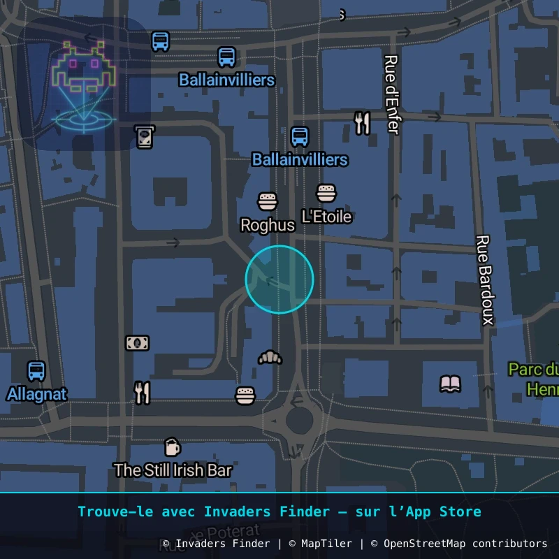 Zone approximative de l'invader CLR_19, dans le quartier Quartier Fontgiève, Clermont-Ferrand à Clermont-Ferrand. Emplacement exact disponible dans l'app Invaders Finder.