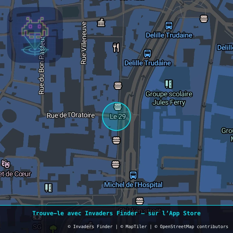 Zone approximative de l'invader CLR_22, dans le quartier Quartier Fontgiève, Clermont-Ferrand à Clermont-Ferrand. Emplacement exact disponible dans l'app Invaders Finder.
