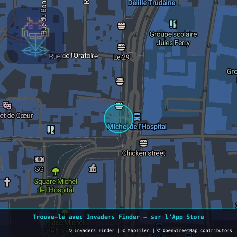 Zone approximative de l'invader CLR_23, dans le quartier Quartier Fontgiève, Clermont-Ferrand à Clermont-Ferrand. Emplacement exact disponible dans l'app Invaders Finder.