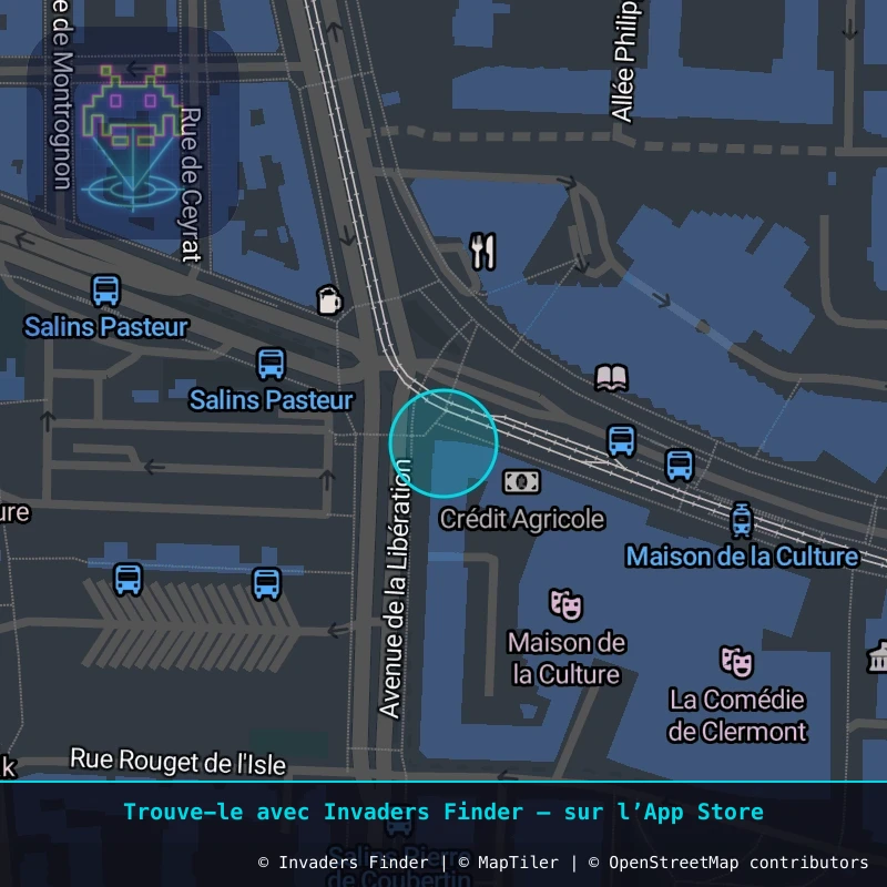 Zone approximative de l'invader CLR_31, dans le quartier Quartier Fontgiève, Clermont-Ferrand à Clermont-Ferrand. Emplacement exact disponible dans l'app Invaders Finder.