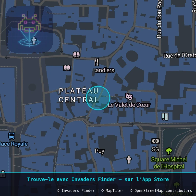 Zone approximative de l'invader CLR_32, dans le quartier Quartier Fontgiève, Clermont-Ferrand à Clermont-Ferrand. Emplacement exact disponible dans l'app Invaders Finder.