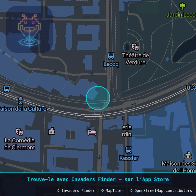 Zone approximative de l'invader CLR_34, dans le quartier Quartier Fontgiève, Clermont-Ferrand à Clermont-Ferrand. Emplacement exact disponible dans l'app Invaders Finder.