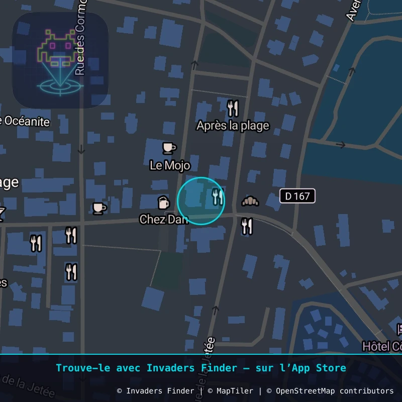 Zone approximative de l'invader CON_02, dans le quartier Saint-Julien-en-Born à Contis. Emplacement exact disponible dans l'app Invaders Finder.