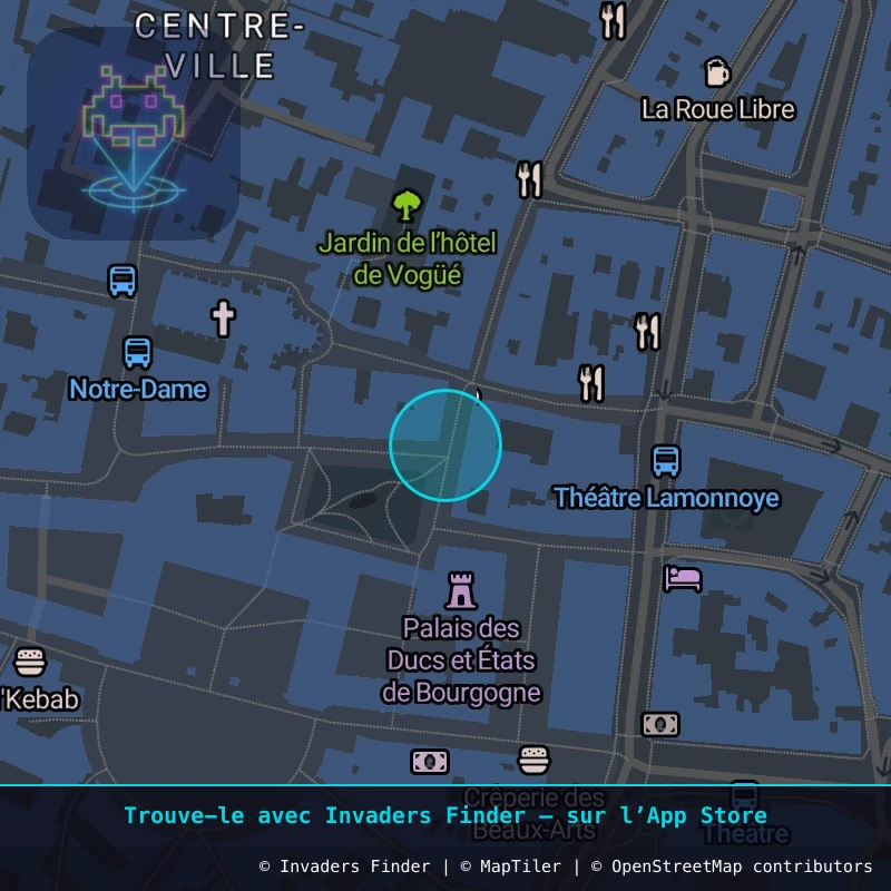 Zone approximative de l'invader DIJ_02, dans le quartier Centre-Ville, Dijon à Dijon. Emplacement exact disponible dans l'app Invaders Finder.