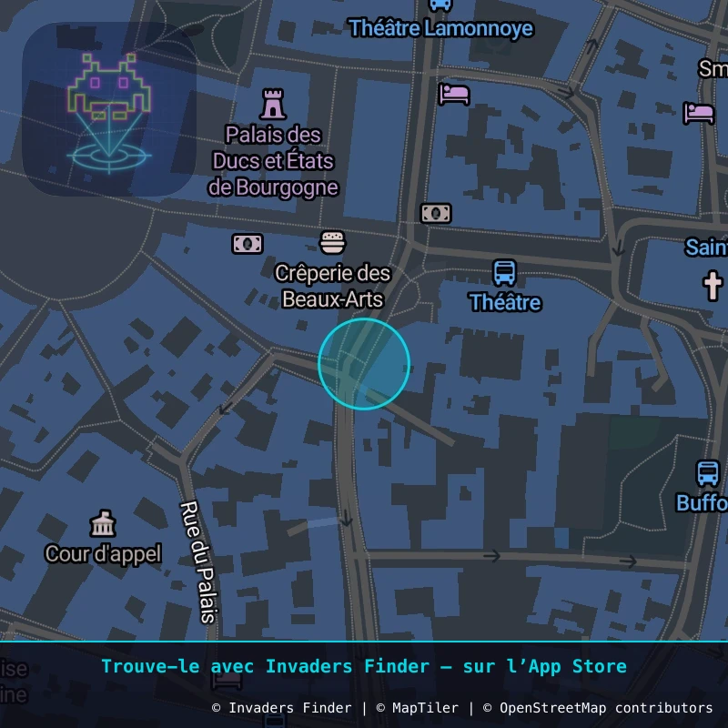 Zone approximative de l'invader DIJ_05, dans le quartier Centre-Ville, Dijon à Dijon. Emplacement exact disponible dans l'app Invaders Finder.