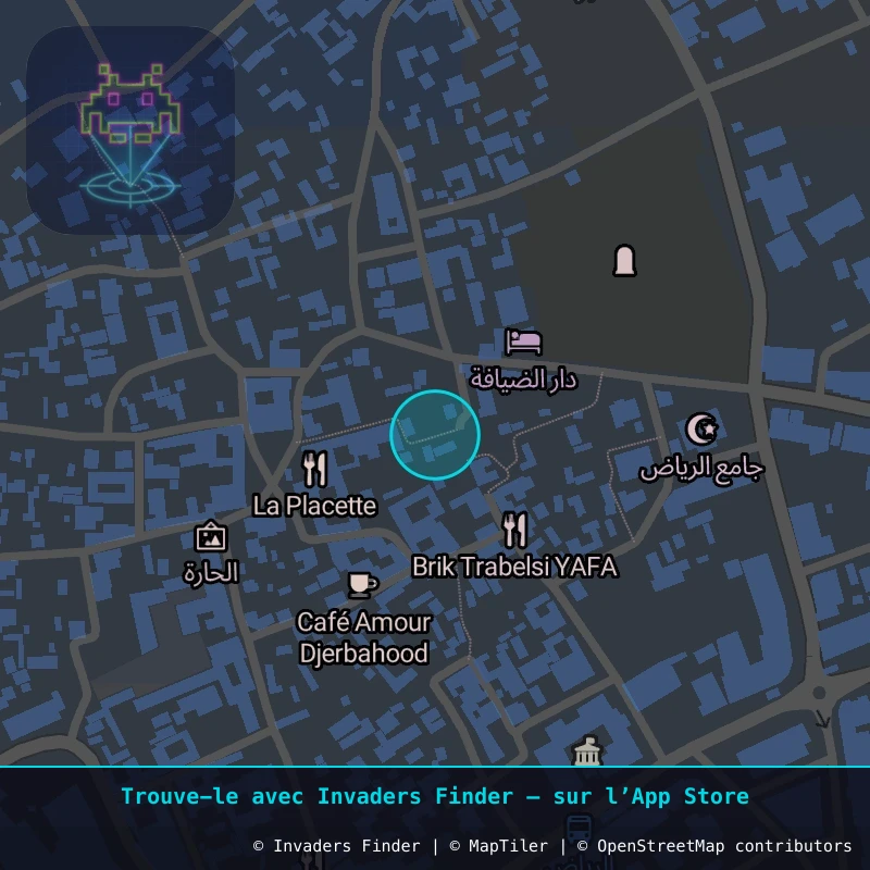 Zone approximative de l'invader DJBA_01, dans le quartier Erriadh à Djerba. Emplacement exact disponible dans l'app Invaders Finder.