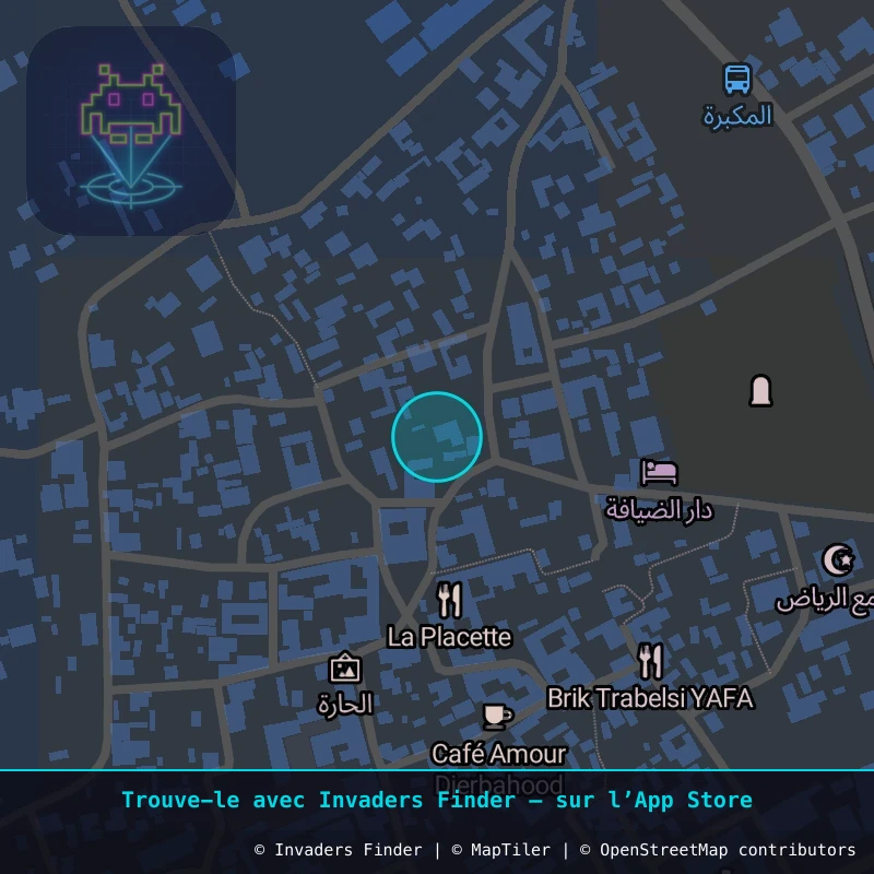 Zone approximative de l'invader DJBA_02, dans le quartier Erriadh à Djerba. Emplacement exact disponible dans l'app Invaders Finder.