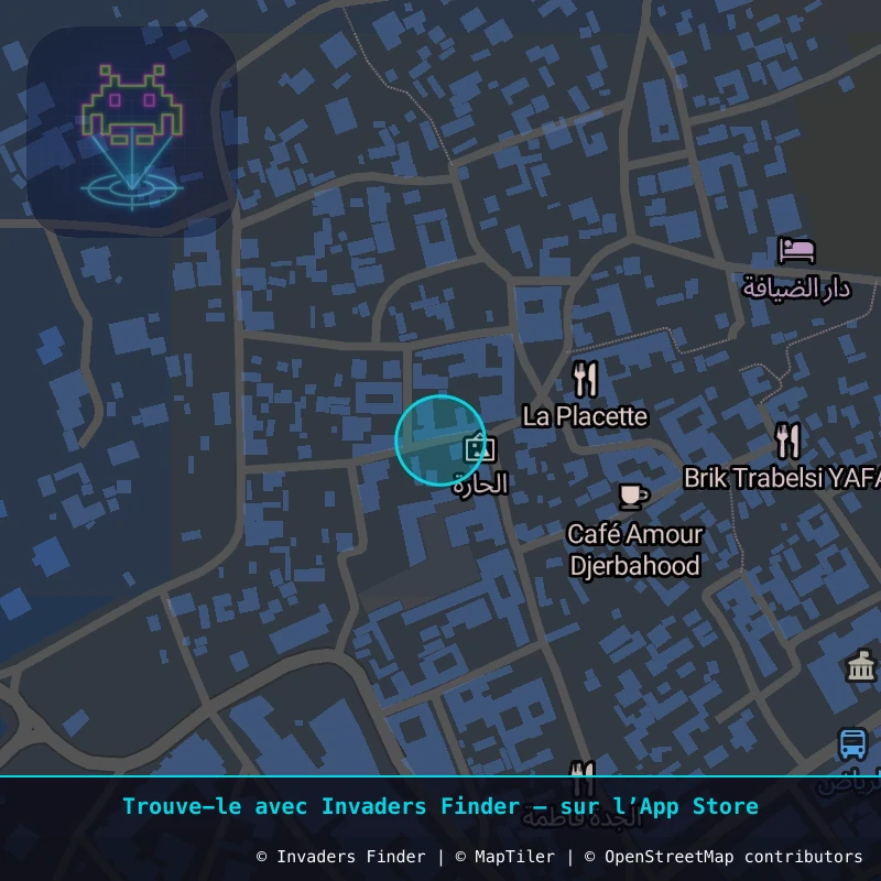 Zone approximative de l'invader DJBA_03, dans le quartier Erriadh à Djerba. Emplacement exact disponible dans l'app Invaders Finder.