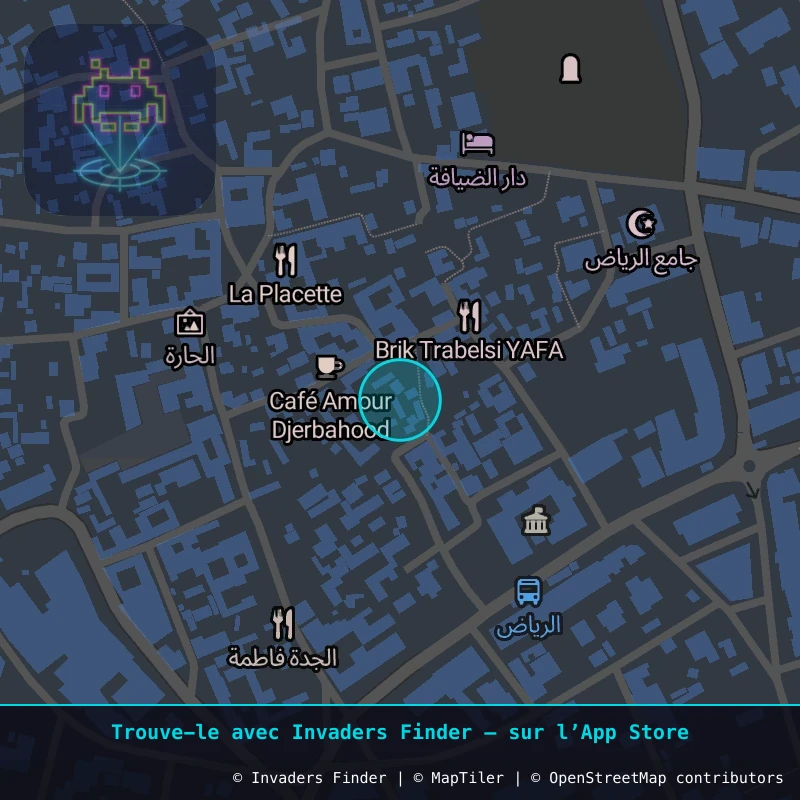 Zone approximative de l'invader DJBA_04, dans le quartier Erriadh à Djerba. Emplacement exact disponible dans l'app Invaders Finder.