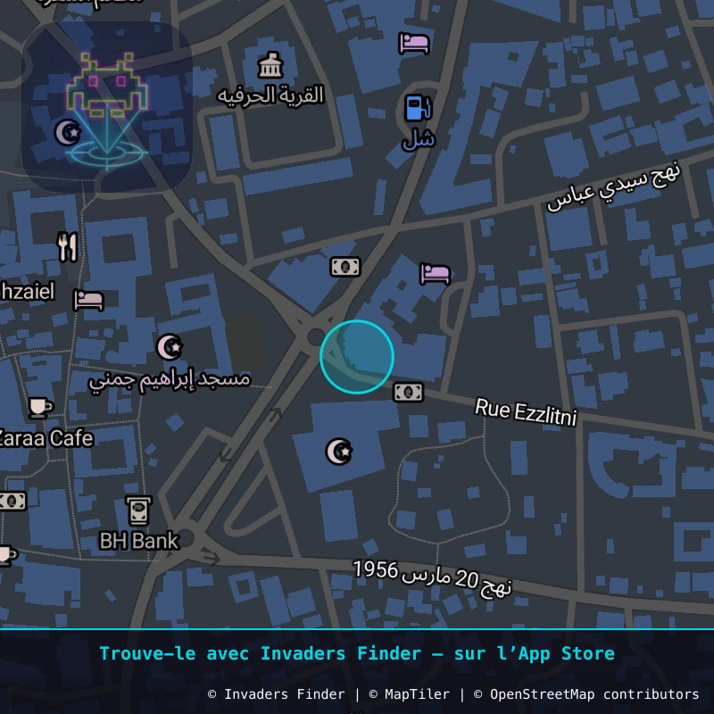 Zone approximative de l'invader DJBA_12, dans le quartier Taourit à Djerba. Emplacement exact disponible dans l'app Invaders Finder.