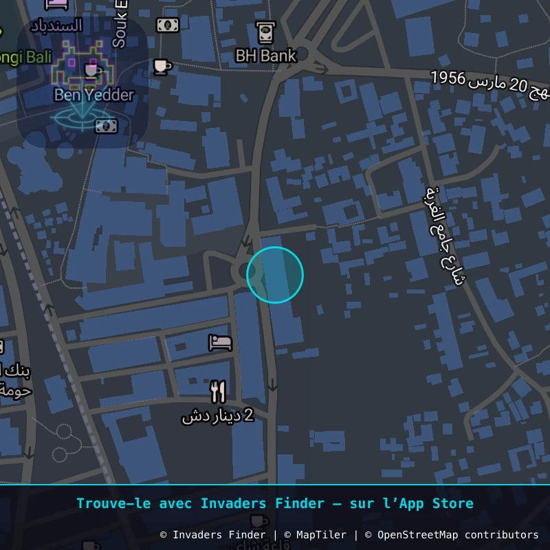 Zone approximative de l'invader DJBA_13, dans le quartier Taourit à Djerba. Emplacement exact disponible dans l'app Invaders Finder.