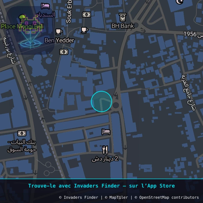 Zone approximative de l'invader DJBA_14, dans le quartier Taourit à Djerba. Emplacement exact disponible dans l'app Invaders Finder.