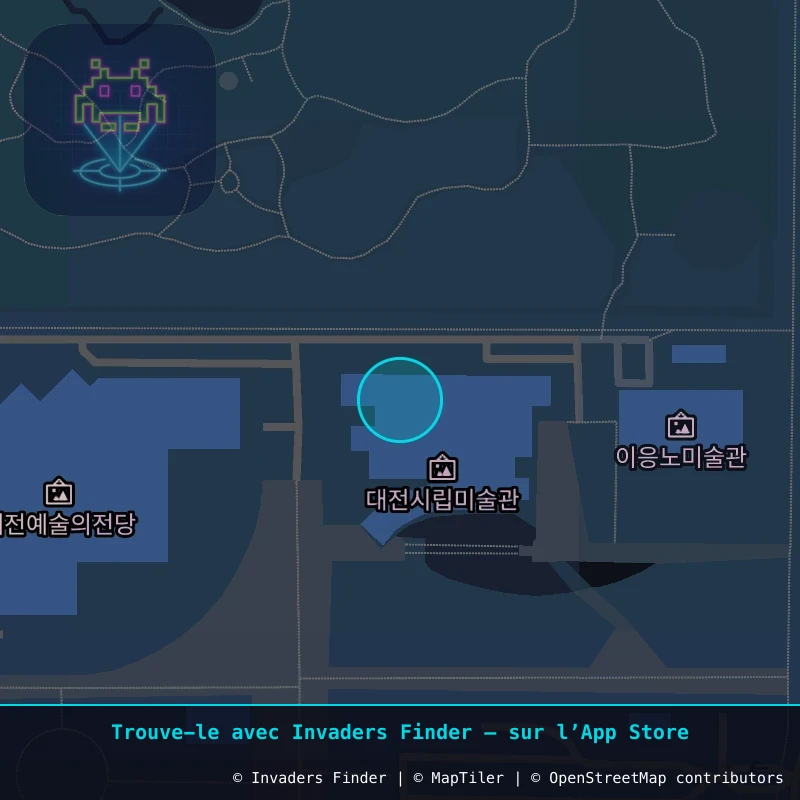 Zone approximative de l'invader DJN_08, dans le quartier Manyeondong, Daejeon à Daejeon. Emplacement exact disponible dans l'app Invaders Finder.