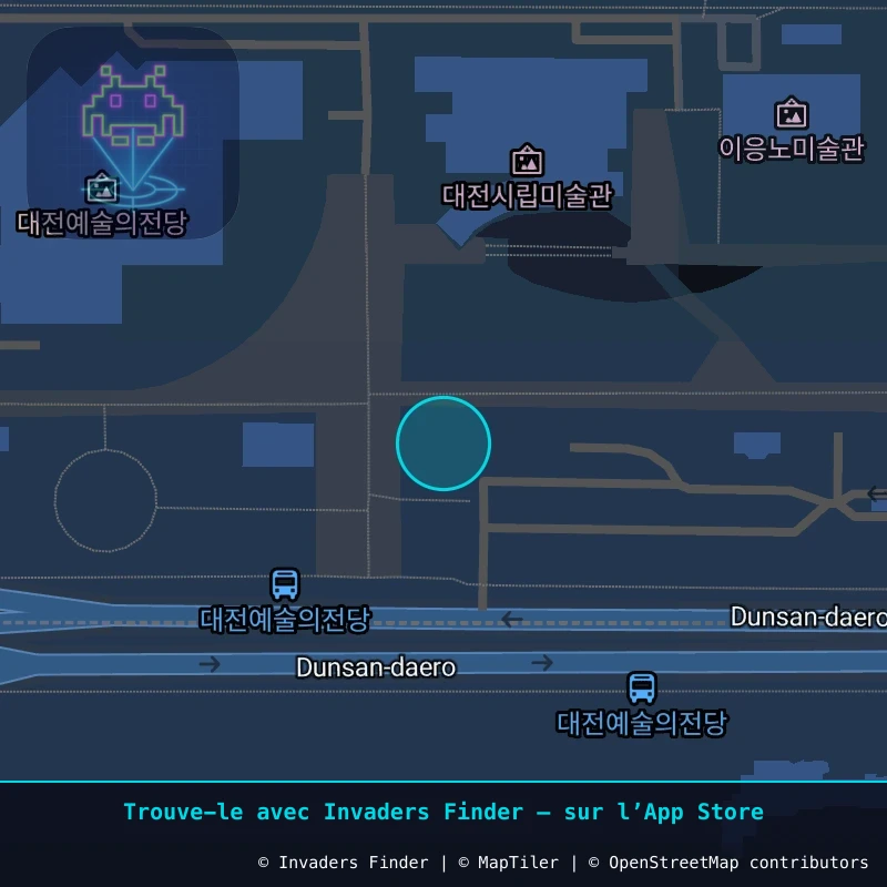 Zone approximative de l'invader DJN_10, dans le quartier Manyeondong, Daejeon à Daejeon. Emplacement exact disponible dans l'app Invaders Finder.