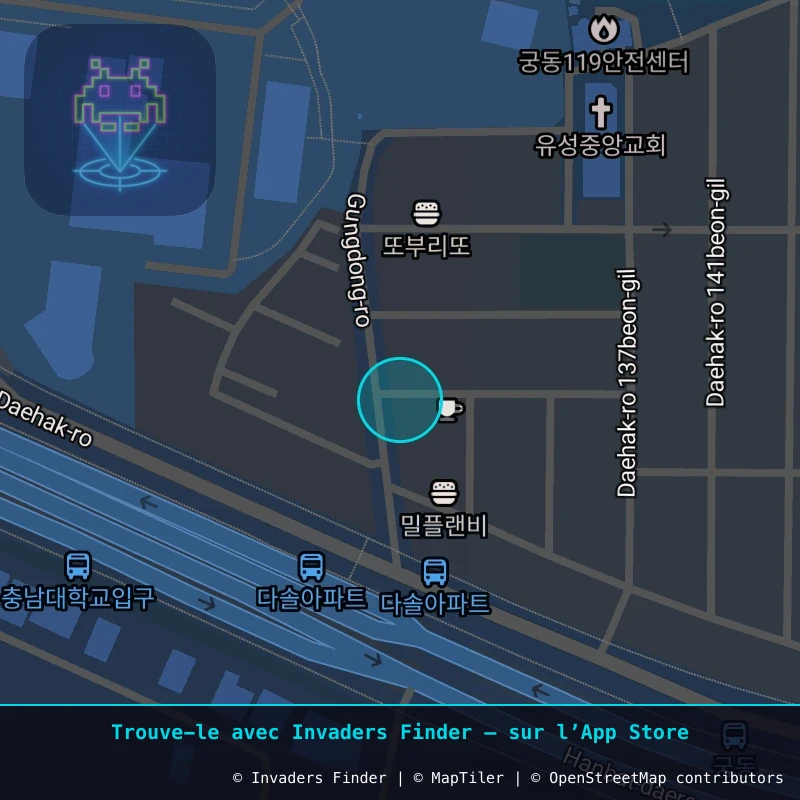 Zone approximative de l'invader DJN_13, dans le quartier Gung-dong, Daejeon à Daejeon. Emplacement exact disponible dans l'app Invaders Finder.