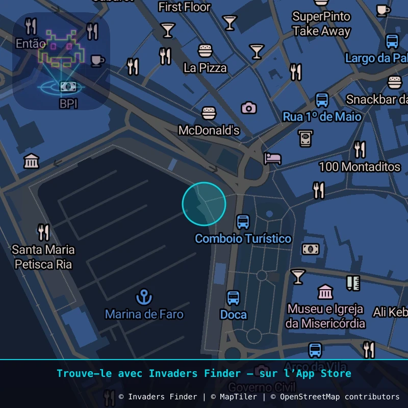 Zone approximative de l'invader FAO_01, dans le quartier Faro (Sé e São Pedro) à Faro. Emplacement exact disponible dans l'app Invaders Finder.