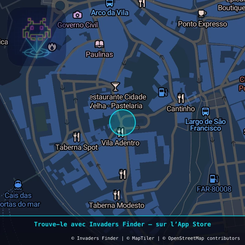 Zone approximative de l'invader FAO_02, dans le quartier Faro (Sé e São Pedro) à Faro. Emplacement exact disponible dans l'app Invaders Finder.