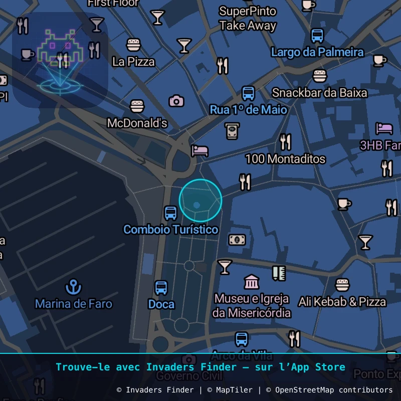 Zone approximative de l'invader FAO_04, dans le quartier Faro (Sé e São Pedro) à Faro. Emplacement exact disponible dans l'app Invaders Finder.