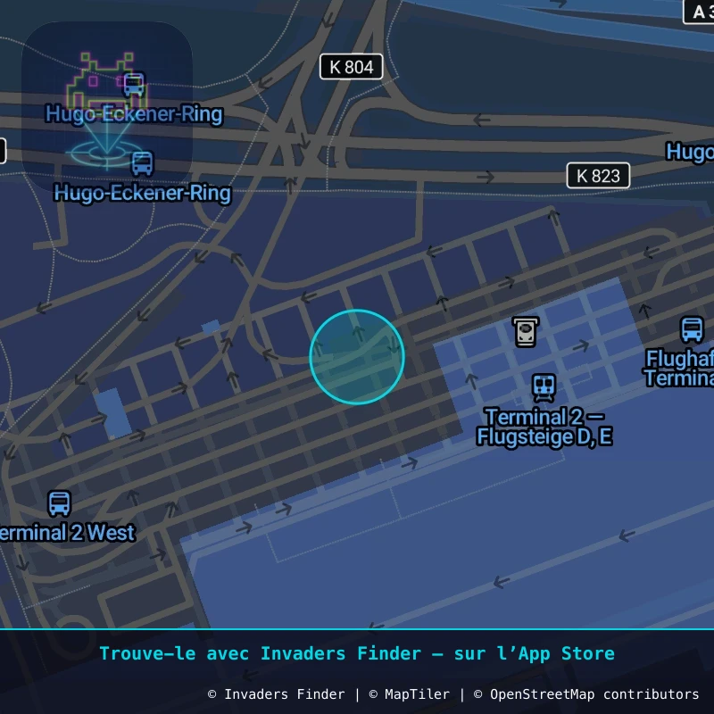 Zone approximative de l'invader FKF_01, dans le quartier Aéroport, Francfort-sur-le-Main à Francfort. Emplacement exact disponible dans l'app Invaders Finder.