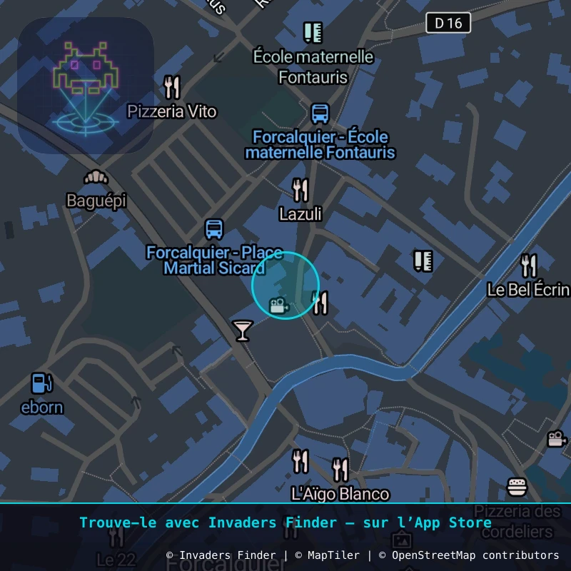 Zone approximative de l'invader FRQ_01, dans le quartier Centre-ville, Forcalquier à Forcalquier. Emplacement exact disponible dans l'app Invaders Finder.
