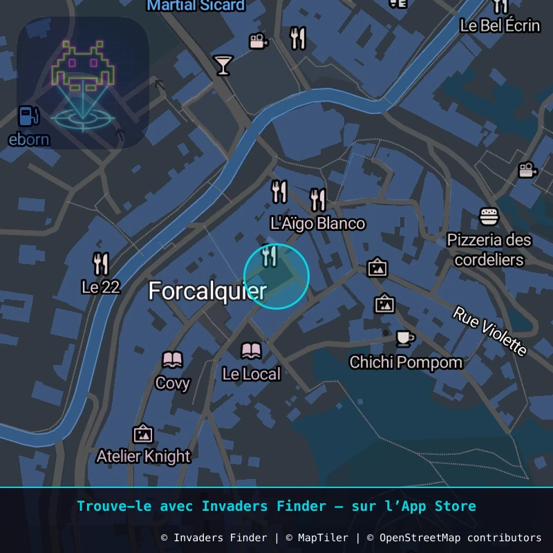 Zone approximative de l'invader FRQ_02, dans le quartier Centre-ville, Forcalquier à Forcalquier. Emplacement exact disponible dans l'app Invaders Finder.