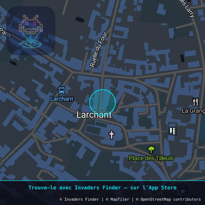 Zone approximative de l'invader FTBL_02, dans le quartier Centre-ville, Larchant à Fontainebleau. Emplacement exact disponible dans l'app Invaders Finder.