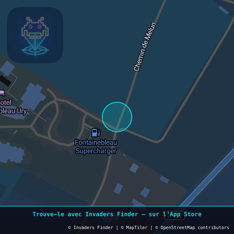 Zone approximative de l'invader FTBL_03, dans le quartier Ury centre-ville à Fontainebleau. Emplacement exact disponible dans l'app Invaders Finder.