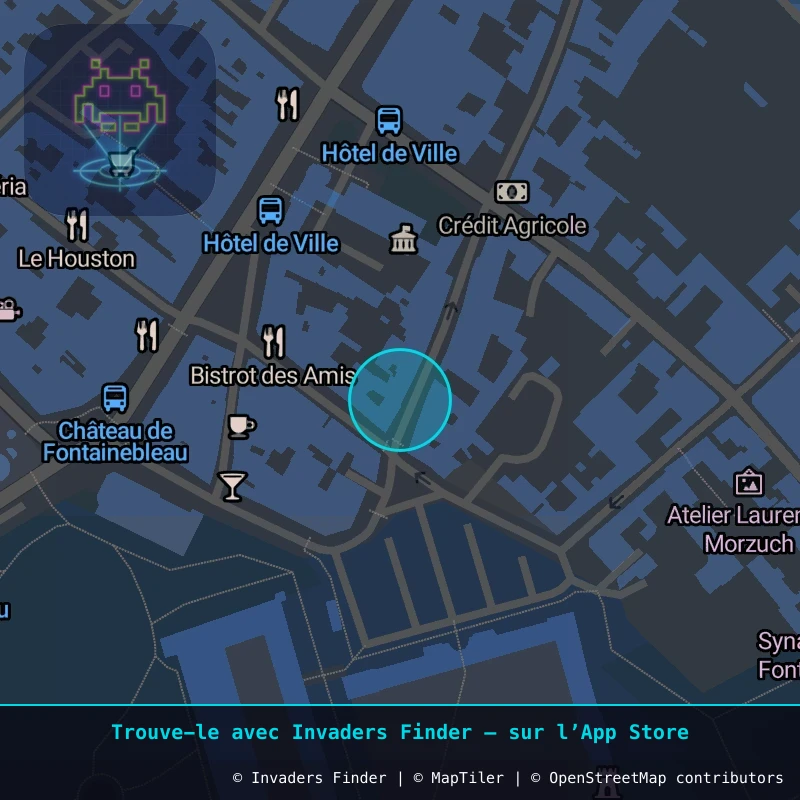 Zone approximative de l'invader FTBL_04, dans le quartier Étape, Fontainebleau à Fontainebleau. Emplacement exact disponible dans l'app Invaders Finder.