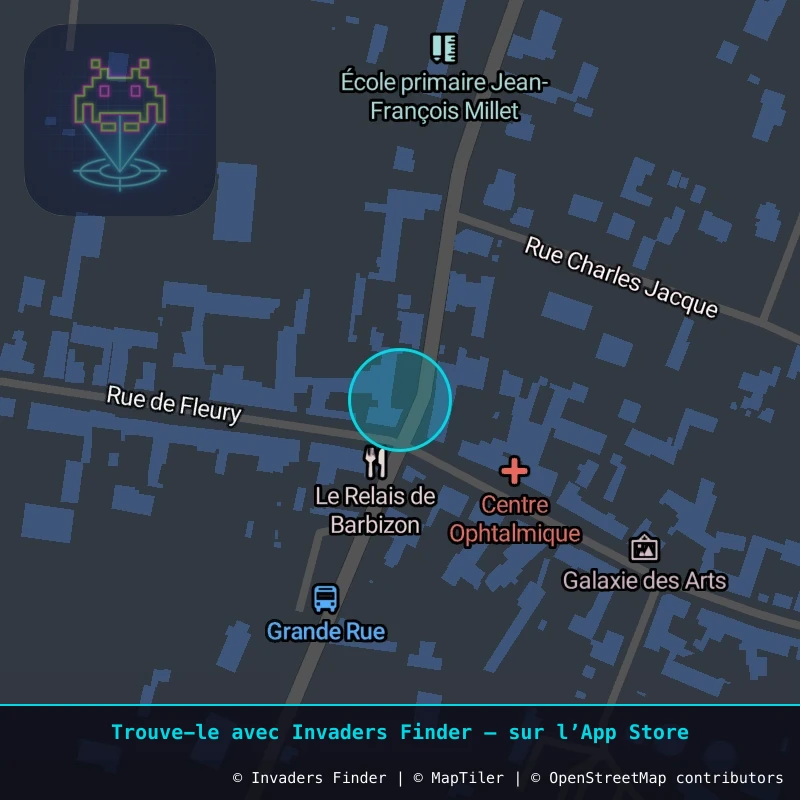 Zone approximative de l'invader FTBL_05, dans le quartier Centre-ville, Barbizon à Fontainebleau. Emplacement exact disponible dans l'app Invaders Finder.