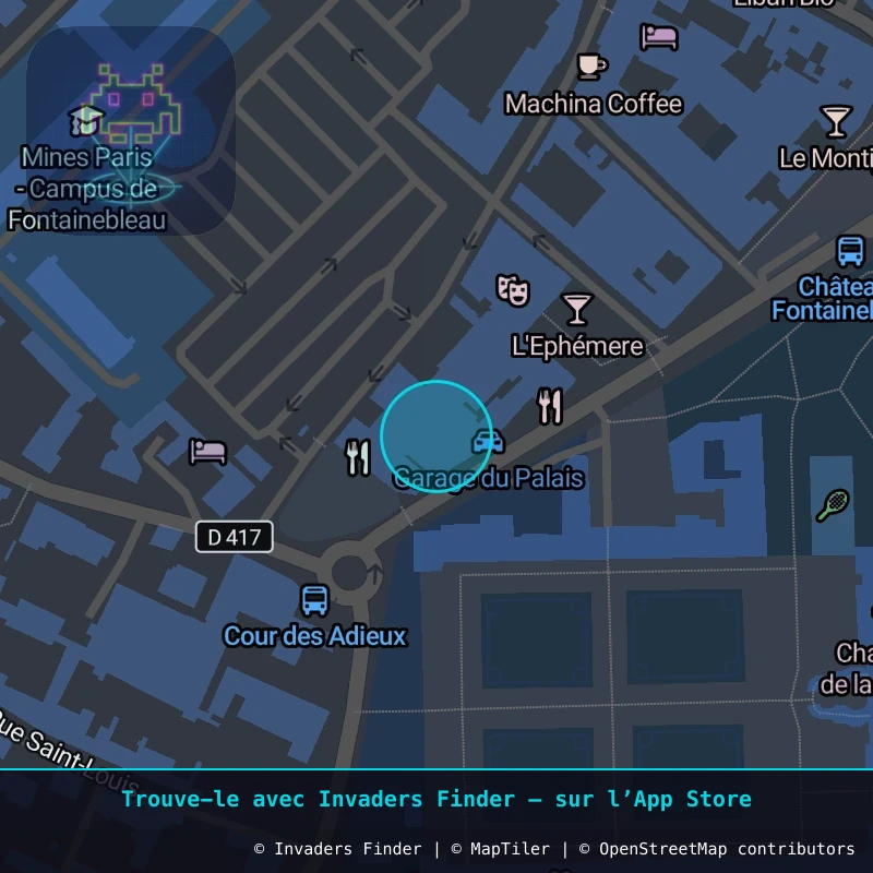 Zone approximative de l'invader FTBL_08, dans le quartier Étape, Fontainebleau à Fontainebleau. Emplacement exact disponible dans l'app Invaders Finder.