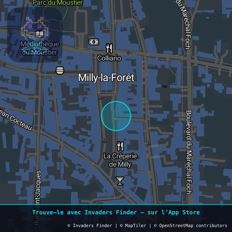 Zone approximative de l'invader FTBL_09, dans le quartier Centre-ville, Milly-la-Forêt à Fontainebleau. Emplacement exact disponible dans l'app Invaders Finder.