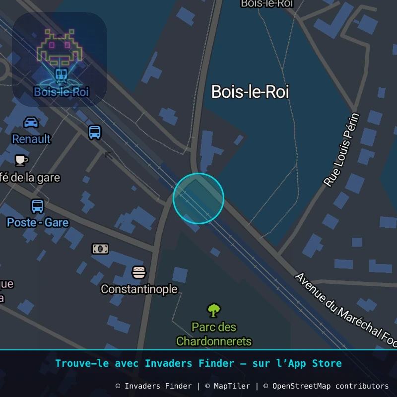 Zone approximative de l'invader FTBL_11, dans le quartier Bois-le-Roi à Fontainebleau. Emplacement exact disponible dans l'app Invaders Finder.