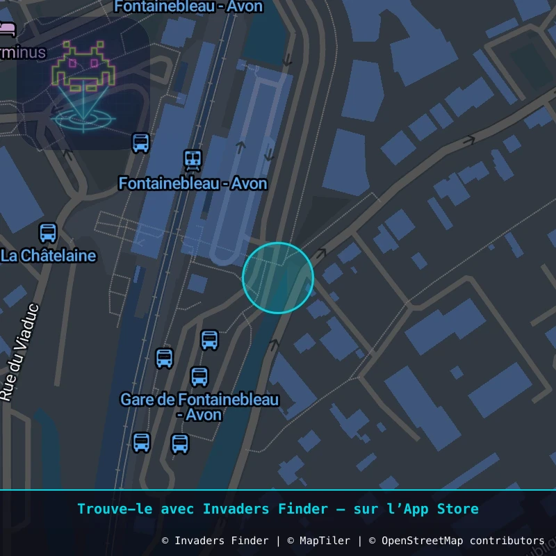 Zone approximative de l'invader FTBL_12, dans le quartier Changis, Avon à Fontainebleau. Emplacement exact disponible dans l'app Invaders Finder.