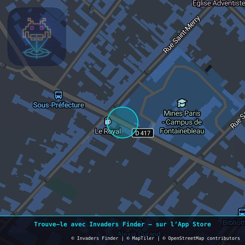 Zone approximative de l'invader FTBL_13, dans le quartier Étape, Fontainebleau à Fontainebleau. Emplacement exact disponible dans l'app Invaders Finder.