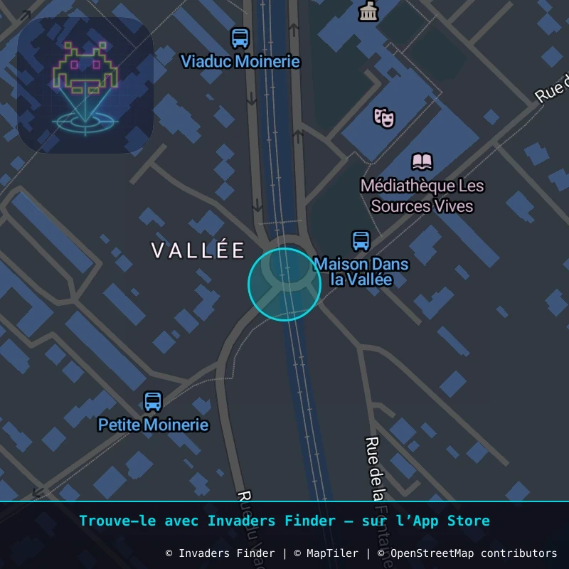 Zone approximative de l'invader FTBL_14, dans le quartier Changis, Avon à Fontainebleau. Emplacement exact disponible dans l'app Invaders Finder.