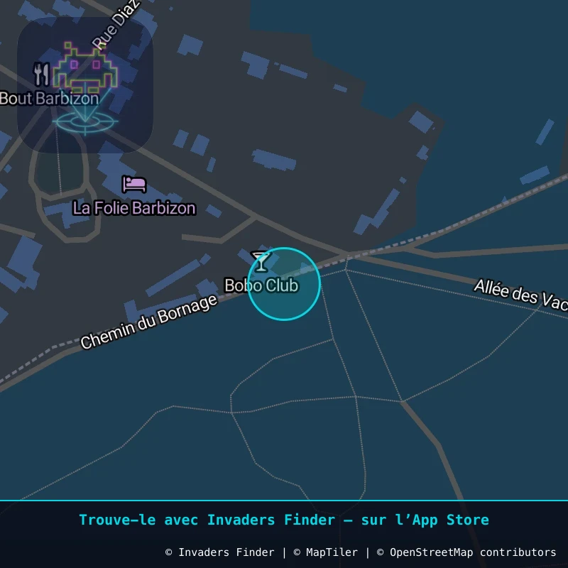 Zone approximative de l'invader FTBL_16, dans le quartier Centre-ville, Barbizon à Fontainebleau. Emplacement exact disponible dans l'app Invaders Finder.