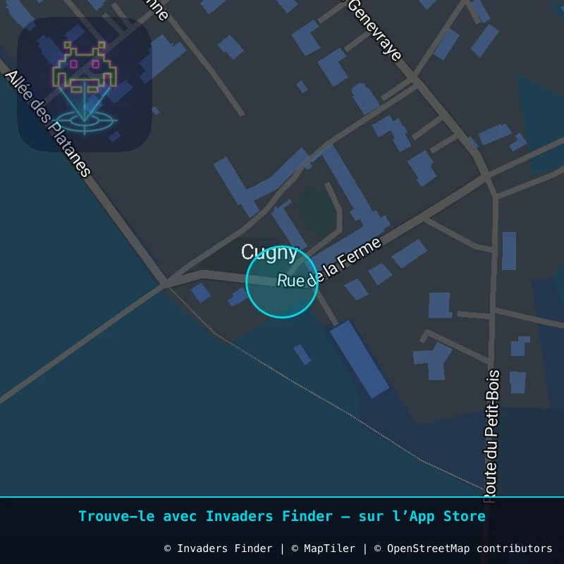 Zone approximative de l'invader FTBL_26, dans le quartier La Genevraye à Fontainebleau. Emplacement exact disponible dans l'app Invaders Finder.